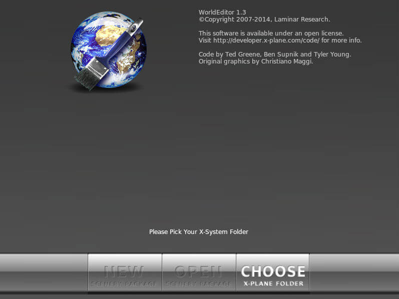 Un primer lanzamiento de WorldEditor, con todas las opciones desactivadas excepto para 'Choose X-Plane Folder'